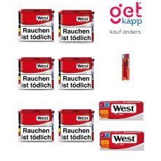 Sparset Tabak West Red Dose M 6er. Sechs rot-graue Dosen mit West Logo, West Red 250 Hülsen und Feuerzeug.