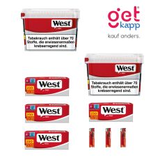 Sparset Tabak West Red Giga Box Eimer. Zwei rote Eimer mit West Logo, West Rot 250 Hülsen und  Feuerzeuge.