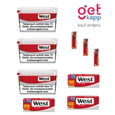 Sparset Tabak West Mega Box Eimer. Drei rot-graue Eimer mit West Logo mit West Red 250 Hülsen und Feuerzeuge.