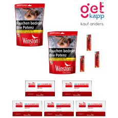 Sparset Tabak Winston Rot Beutel 3XL. Zwei große rote Beutel mit Winston 200 Hülsen und Feuerzeuge.