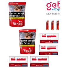 Sparset Tabak Winston Rot Beutel 3XL. Zwei große rote Beutel mit Winston 250 Extra Hülsen und Feuerzeuge.