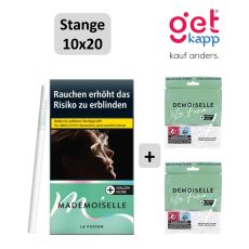 Sparset Zigaretten Mademoiselle La Fusion. Grüne Packung mit zwei Demoiselle Filter Tips Tüten.