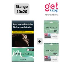 Sparset Zigaretten Mademoiselle La Fusion. Grüne Packung mit zwei Demoiselle Filter Tips Tüten.