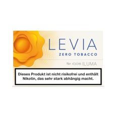 Packung Nikotinsticks IQOS Levia Exotic. Gelbbeige Packung mit gelber Blume und blauer Levia und zero Tobacco Aufschrift.