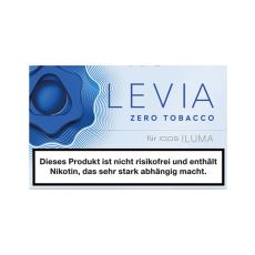 Packung Nikotinsticks IQOS Levia Glacial. Blau-weiße Packung mit blauer Blume und blauer Levia und zero Tobacco Aufschrift.