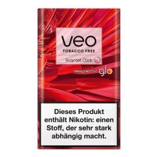 Packung  Veo Herbal Sticks Scarlet Click. Rot-gemusterte Packung mit Veo und Glo Logo.