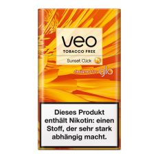 Packung  Veo Herbal Sticks Sunset Click. Orange-gelb gemusterte Packung mit Veo und Glo Logo.