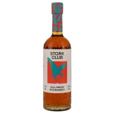Stork Club Full Proof Rye Whiskey. Flasche mit bernsteinfarbenden Inhalt mit rot-weißem Etikett mit türkisem Storch.