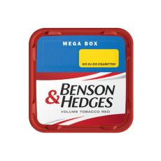 Eimer Tabak Benson & Hedges Mega Box. Rot-weiße Dose mit rot-schwarzer Benson & Hedges Aufschrift.