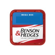 Eimer Tabak Benson & Hedges Mega Box. Rot-weiße Dose mit rot-schwarzer Benson & Hedges Aufschrift.