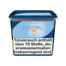 Eimer Tabak Camel Blue 6XL. Dunkel-hellblaue Box mit grau-blauer Camel Aufschrift und braunes Dromedar.