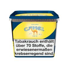 Eimer Tabak Camel Yellow 6XL. Gelb-blaue Box mit grau-blauer Camel Aufschrift und braunes Dromedar.