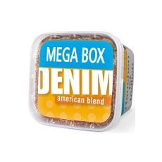 Eimer Tabak Denim Classic Volume Mega Box. Gelber Eimer mit weißer Denim Aufschrift und gelben Punkten.