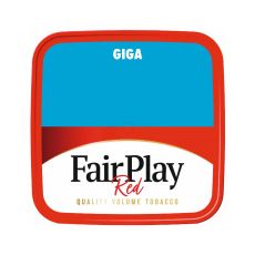 Eimer Tabak Fair Play Red Giga Box. Rot-blauer Eimer mit schwarzem Fair Play Logo und Giga Box Aufschrift.