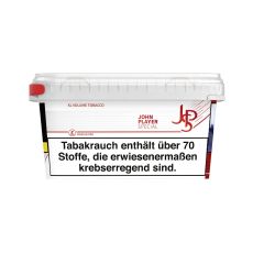 Eimer JPS Tabak rot 125g. Weise Mega-Box mit Warnhinweis weiß-schwarz und rotem JPS Logo.