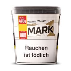 Eimer Tabak Mark Adams No. 1 Volume Gold. Weiß-goldener Eimer mit schwarz-goldenem Mark 1 Logo und Warnhinweis.