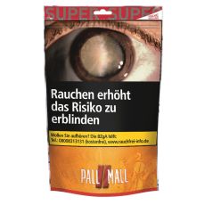 Beutel Pall Mall Tabak Allround Rot Super. Großer oranger Beutel mit weißer Pall Mall Aufschrift und rotem Pausezeichen.