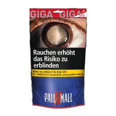Beutel Tabak Pall Mall Rot Giga. Blauer Beutel mit rotem Pausezeichen und weißer Pall Mall Aufschrift.