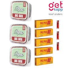 Sparset Pepe Tabak Bright Green Big Box. Drei hellgrüne Eimer mit Pall Mall Hülsen und dre roten Feuerzeugen.