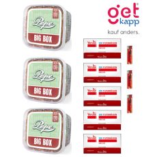 Sparset Pepe Tabak Bright Green. Drei hellgrüne Eimer mit Winston 200 Hülsen und drei roten Feuerzeugen.