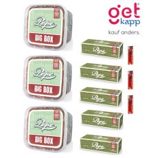 Sparset Pepe Tabak Bright Green. Drei hellgrüne Eimer mit Pepe Hülsen und drei roten Feuerzeugen.