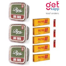 Sparset Pepe Tabak Rich Green Big Box. Drei grüne Eimer mit Pall Mall Hülsen und dre roten Feuerzeugen.