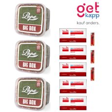 Sparset Pepe Tabak Rich Green. Drei grüne Eimer mit Winston 200 Hülsen und drei roten Feuerzeugen.