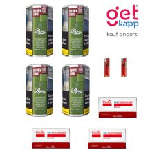 Sparset Pepe Tabak Rich Green XXL. Vier grüne Dosen mit Winston 200 Hülsen und rote Feuerzeuge.