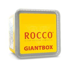 Eimer Tabak Rocco High Volume Giant-Box. Großer gelber Eimer mit rotem Rocco und Giantbox Aufschrift.