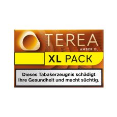 Packung Tabaksticks IQOS Terea Amber. Okerfarbende Packung mit goldener Terea und gelben XL Pack Bottom.