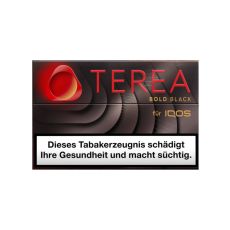 Packung Tabaksticks IQOS Terea Bold Black. Schwarze Packung mit roter Terea Aufschrift und mit goldener Bold Red Aufschrift.