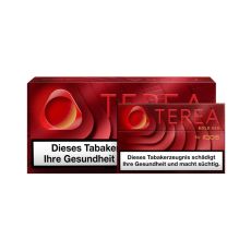 Stange Tabaksticks IQOS Terea Bold Red. Große rote Packung mit einzelner Packung im Vordergrund. 