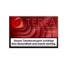 Packung Tabaksticks IQOS Terea Bold Red. Rote Packung mit roter Terea Aufschrift und mit goldener Bold Red Aufschrift.