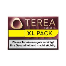 Packung Tabaksticks IQOS Terea Russet. Weinrote Packung mit goldener Terea und Iluma Aufschrift sowie gelben XL Pack Bottom.