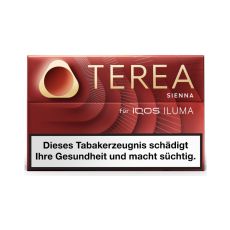 Packung Tabaksticks IQOS Terea Sienna. Rotbraune Packung mit goldener Terea Aufschrift.
