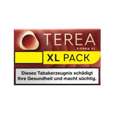 Packung Tabaksticks IQOS Terea Sienna XL. Rotbraune Packung mit goldener Terea Aufschrift und gelben XL Pack Bottom.