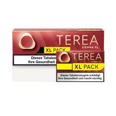 Stange Tabaksticks IQOS Terea Sienna XL. Rotbraune Packung mit goldener Terea Aufschrift und gelben XL Pack Bottom sowie einzelner Packung im Vordergrund.