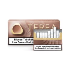 Stange Tabaksticks IQOS Terea Teak. Große hellbraune Packung mit offener Packung mit Tabaksticks im Vordergrund. 