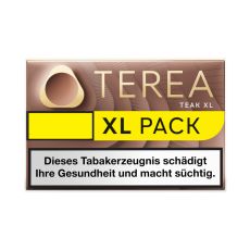 Packung Tabaksticks IQOS Terea Teak. Hellbraune Packung mit goldener Terea und Iluma Aufschrift und gelben XL Pack Bottom.