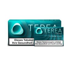 Stange Tabaksticks IQOS Terea Turqouise. Große blau-türkise Packung mit Tabaksticks im Vordergrund. 