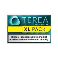 Packung Tabaksticks IQOS Terea Turqouise. Blau-türkise Packung mit türkiser Terea und Iluma Aufschrift sowie gelben XL Pack Bottom.