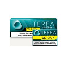 Stange Tabaksticks IQOS Terea Turqouise. Große blau-türkise Packung mit einzelner Packung im Vordergrund sowie gelben XL Pack Bottom.