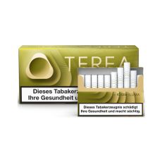 Stange Tabaksticks IQOS Terea Yellow Green. Große hellgrüne Packungen mit Tabaksticks im Vordergrund. 