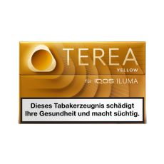 Packung Tabaksticks IQOS Terea Yellow. Gelb-goldene Packung mit goldener Terea Yellow.