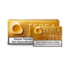 Stange Tabaksticks IQOS Terea Yellow. Große gelb-goldene Packung mit offener Packung mit Tabaksticks.