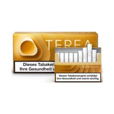 Stange Tabaksticks IQOS Terea Yellow. Große gelb-goldene Packung mit offener Packung mit Tabaksticks.