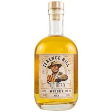 Terence Hill The Hero Mild Whisky. Klare Flasche mit goldfarbendem Inhalt und weiß-goldendem Etikett mit schwarze Terence Hill The Hero Aufschrift.