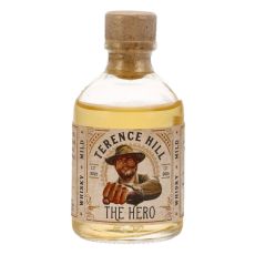 Terence Hill The Hero Mild Whisky Miniatur. Kleine klare Flasche mit goldfarbendem Inhalt und weiß-goldendem Etikett mit schwarze Terence Hill The Hero Aufschrift.