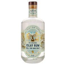 Islay Rum Geal Pure Single Rum. Durchsichtige Flasche mit weißem Rum, weiß-gold-blaues Etikett mit blauer Islay Rum Aufschrift.