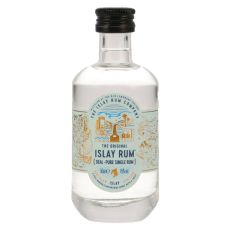 Islay Rum Geal Pure Single Rum. Kleine Durchsichtige Flasche mit weißem Rum, weiß-gold-blaues Etikett mit blauer Islay Rum Aufschrift.